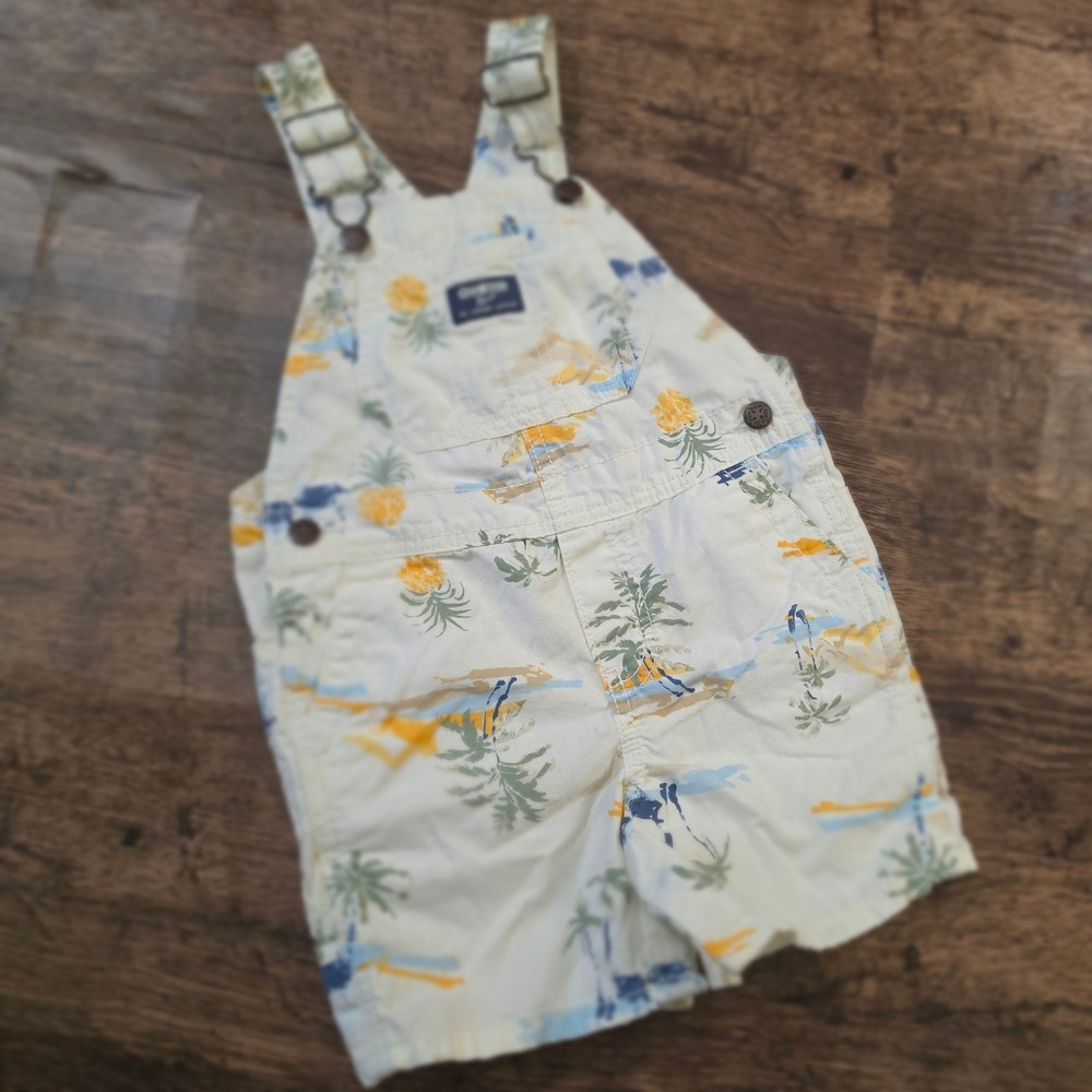 OSHKOSH Shortall‎ Overalls Kids 24M Cream Tropical Pineapple Palm Tree Print